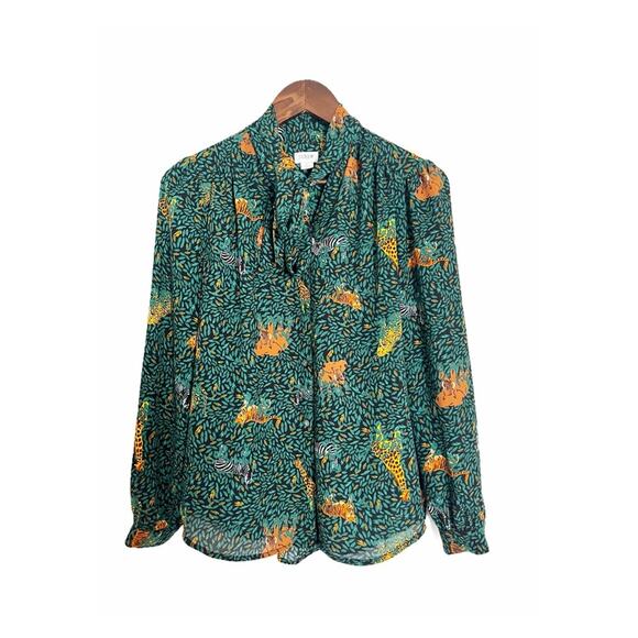 J. Crew Long Sleeve Button Down Neck Tie Blouse Animal Jungle Print Green XS - Picture 2 of 8